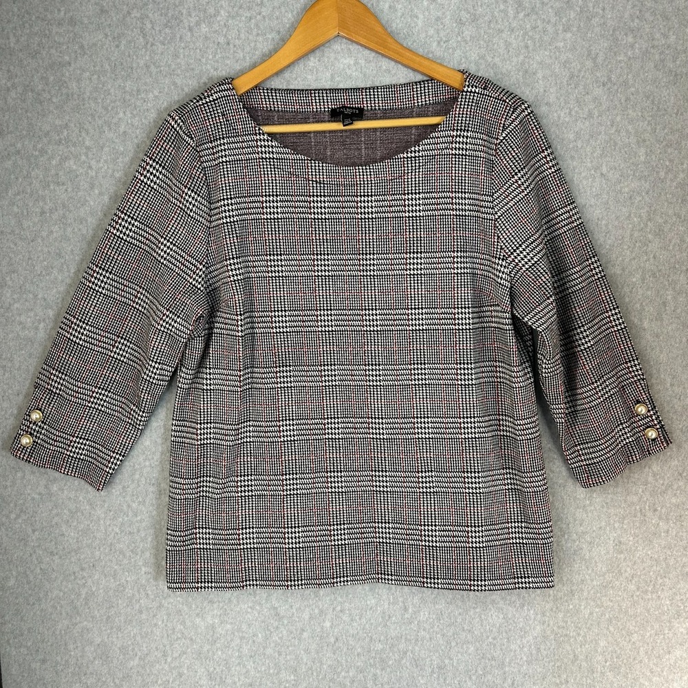 Talbots Plaid Houndstooth Top Blouse Pearl‎ Cuff Black White Red Academic Sz XLP